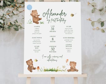 Beary First Birthday Milestone Poster, Printable Bear 1st Birthday Party Decorations B078