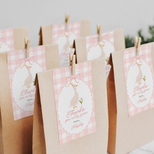 May include: Several brown paper gift bags with pink and white gingham tags featuring a goose illustration and the text "Thanks you silly goose, love, Hayley." Each tag is clipped to the bag with a small wooden clothespin.