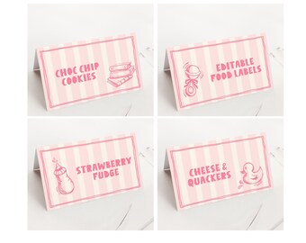 Etichette rosa per alimenti per baby shower, modello di biglietto da visita per tenda giocattolo per bambini disegnato a mano stampabile, segnaposto per baby shower a righe rosa per bambine C124