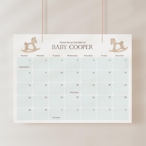 Babyparty Fälligkeitsdatum Kalender, Erraten Sie das Ankunftsdatum Babypartyspiel, bearbeitbares Schaukelpferd Babypartyspiel druckbar B553