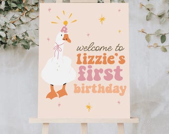 Silly Goose Welcome Sign, Girl 1st Birthday Goose Welcome Poster B864