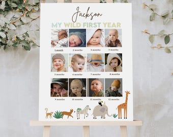 Letrero con foto de Wild One, tablero de hitos del primer cumpleaños de niño, decoración de fiesta de cumpleaños en la jungla, póster con foto de hito, recuerdo imprimible B396