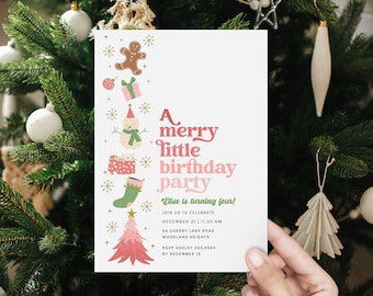 May include: A white invitation card with a Christmas theme, featuring a gingerbread man, snowman, gifts, and a Christmas tree illustration. The text reads "A merry little birthday party" and includes party details.