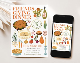 Könnte beinhalten: Einladung zum Thanksgiving-Dinner mit Illustrationen von Truthahn, Gemüse und einer Weinflasche. Die Einladung mit dem Text "FRIENDS GIVING DINNER" und dem Datum "NOV 28" befindet sich auf weißem Hintergrund und einem Smartphone.