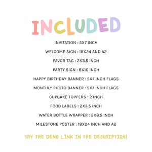 以下が含まれることがあります： パステルカラーの「INCLUDED」という文字が書かれた白い背景。招待状、ウェルカムサイン、記念品タグ、パーティーサイン、バナー、カップケーキトッパー、食品ラベル、ウォーターボトルラッパー、マイルストーンポスターなど、含まれているアイテムが画像にリストされています。「TRY THE DEMO LINK IN THE DESCRIPTION！」というテキストが一番下にあります。