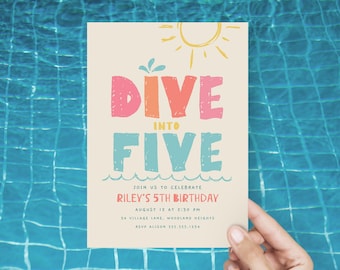Dive Into Five Invitation, Summer 5th Birthday Pool Party Invite TemplateB761