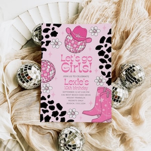 Cowgirl Birthday Invitation, Editable Pink Retro Disco Western Girl Birthday Invite, Let&#39;s go girls, Rodeo Invitation Template Evite B383
