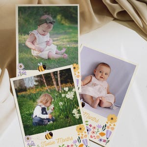 Puede incluir: Tres fotos de una ni&ntilde;a peque&ntilde;a con un vestido blanco, sentada en un campo de hierba con flores. Las fotos est&aacute;n dispuestas en un collage con un borde de abejas y flores. El texto "Doce Meses" est&aacute; en la parte inferior del collage.