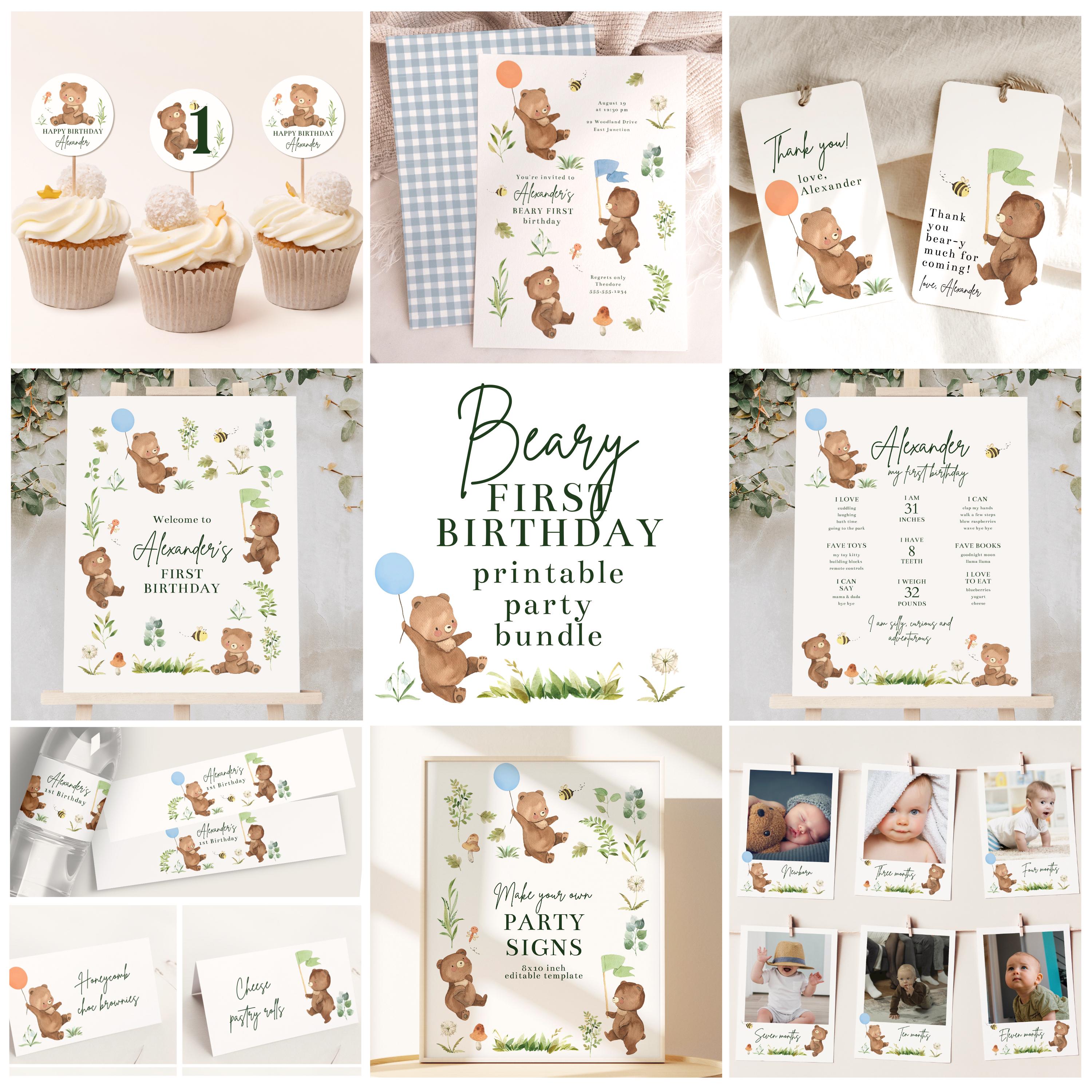 Beary First Birthday Invitation Bundle, Boy 1st Birthday Party Invite set, Teddy Bear 1st Birthday Decor, Editable Bear Birthday Favors B078