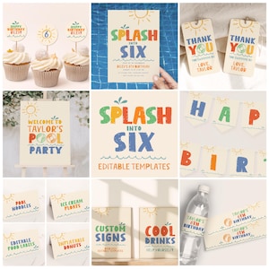 May include: A collection of party supplies with a pool party theme. Items include cupcake toppers, invitations, banners, gift tags, water bottle labels, and signs. The text includes "Splash into Six", "Happy Birthday Riley", and "Welcome to Taylor's Pool Party".