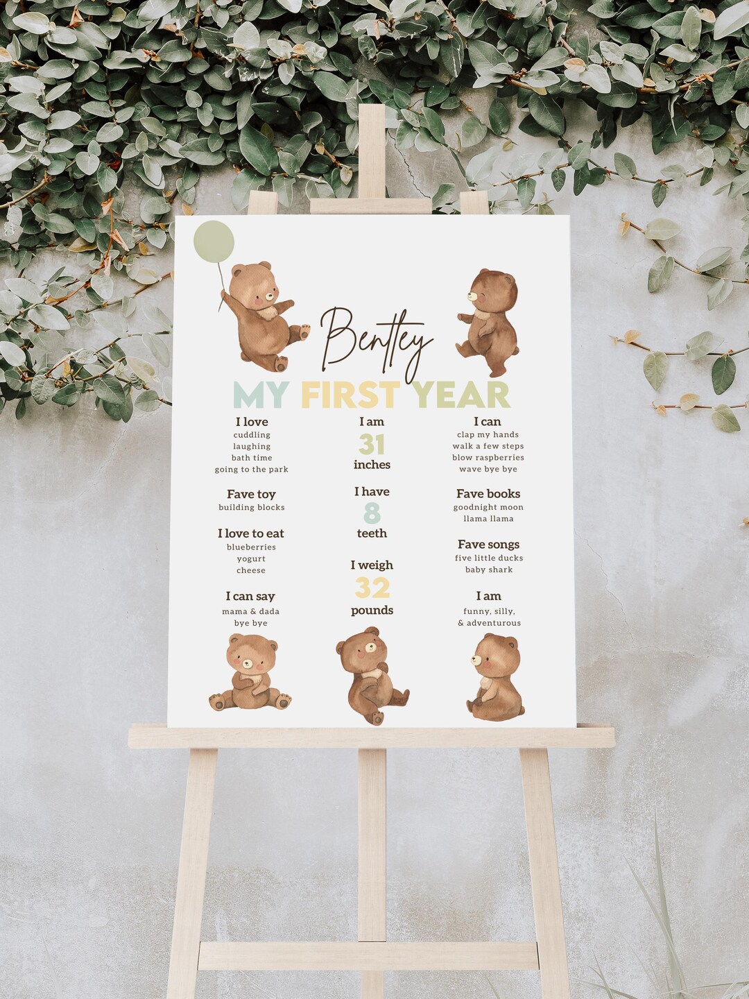 Beary First Birthday Milestone Board, Boy Teddy Bear 1st Birthday Stats ...