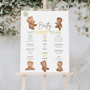 Beary Erster Geburtstag Meilensteintafel, Junge 1. Geburtstag Statistik Poster, Bär 1. Geburtstag Partydekoration, Teddybär Meilenstein Schild B185