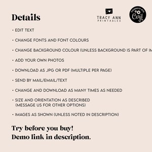 May include: A cream-colored graphic with the word "Details" in a bold, black font. The text lists options such as editing text, changing fonts and colors, and adding photos. The image also includes the text "Try before you buy! Demo link in description."
