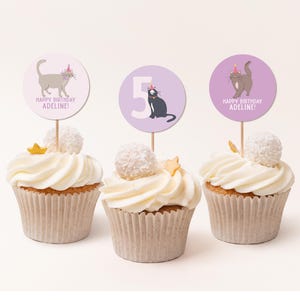Cat Birthday Cupcake Toppers, Kitten Birthday Party Cupcake Circle Topper Template, Cat Pawty Cake Decorations, Cat Party Decor B926