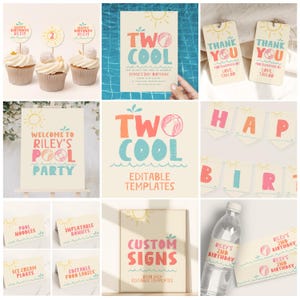 May include: A collection of party supplies with a pool party theme. Includes cupcakes with toppers, invitations, thank you tags, a banner, signs, and water bottle labels. The color scheme is pastel with a playful font.
