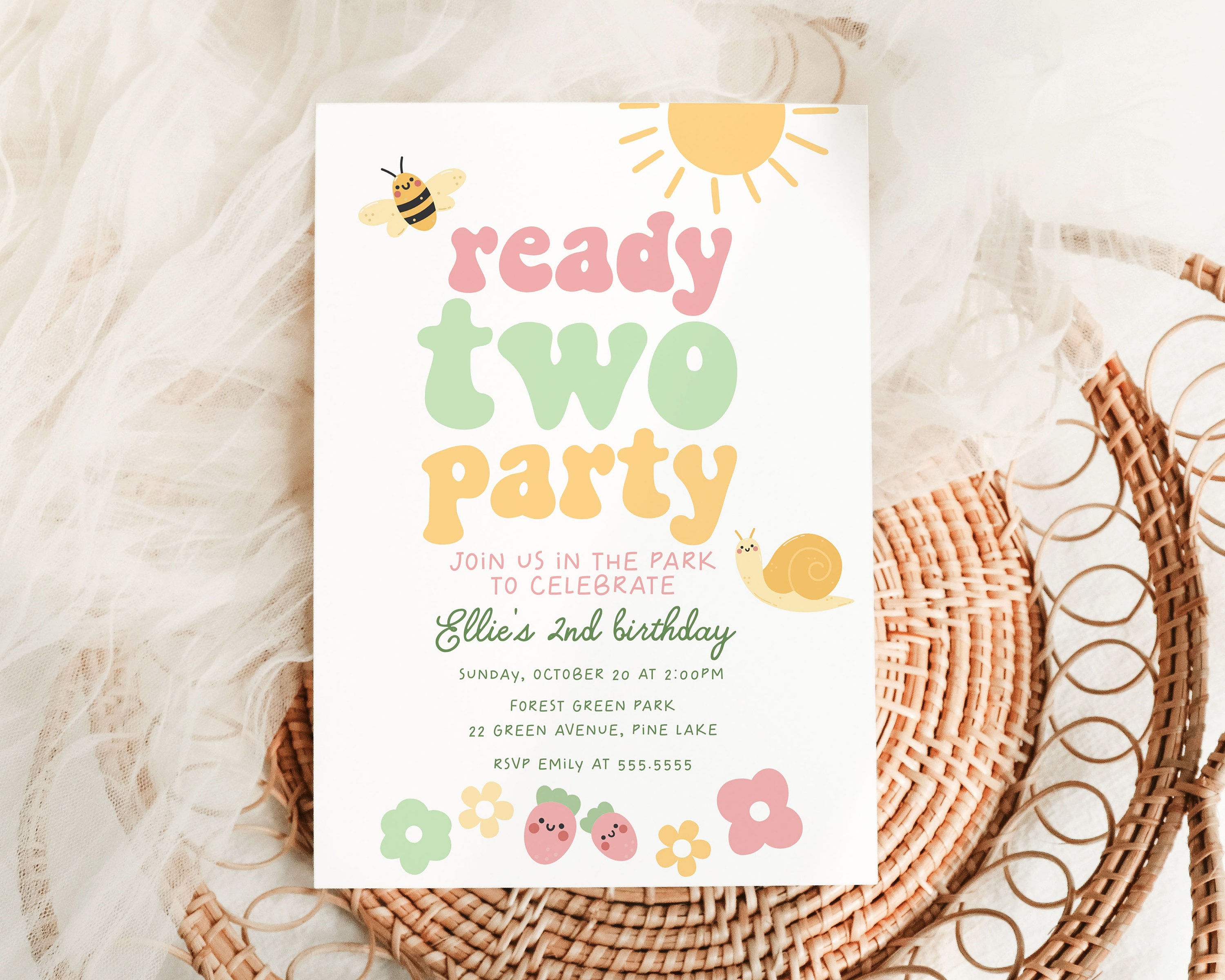 Ready Two Party Invitation Template, Girl 2nd Birthday Invite, Spring Garden Party Invitation Retro Flowers, Snail, Bee, Strawberries B138