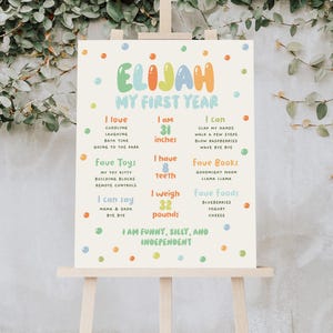 Tableau des jalons du 1er anniversaire de garçon, affiche des jalons en ballon, modèle d'affiche du 1er anniversaire bulles, tableau des statistiques du premier anniversaire de confettis B913