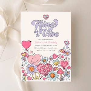 Nine is a Vibe Invitation, Groovy 9th Birthday Invitation, Editable Retro Heart Invitation Template, Flower Party Invite B402