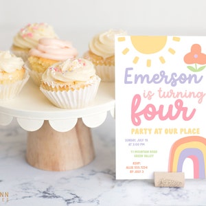 Rainbow 4th Birthday Party Invitation, Girl 4th Birthday Invite, Editable Template, Printable Pastel Invitation, Whimsical invitation 8361