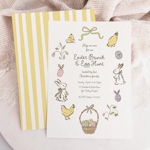 May include: An Easter Brunch & Egg Hunt invitation with a yellow and white striped envelope. The invitation features illustrations of bunnies, eggs, and a basket of eggs, with the text "Hop on over for an Easter Brunch & Egg Hunt".