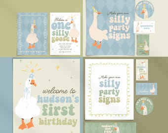 One Silly Goose Invitation Set, Boy 1st Birthday Party Decorations, Goose First Birthday Decor, Bunting, Welcome Sign, Printable Favors B859