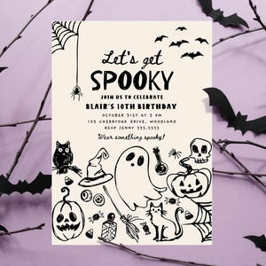 Handgetekende Halloween-verjaardagsuitnodiging voor verjaardagsfeestje, bewerkbare Let's Get Spooky Halloween-uitnodigingssjabloon, oktober verjaardagsfeestje Evite C016