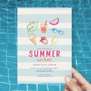 Sommerparty-Einladung, handgezeichnete Sommer-Soiree-Einladungsvorlage, druckbare Strandparty einladen, bearbeitbare Erwachsenenparty Evite C030