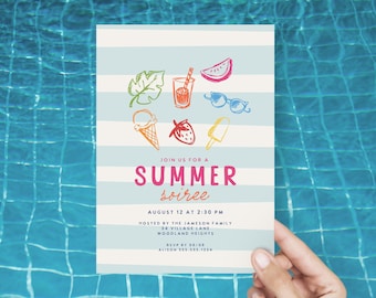 May include: A light blue and white striped invitation for a summer soiree. The invitation features colorful illustrations of summer items like ice cream, sunglasses, and watermelon. Text on the invitation reads "Join us for a Summer Soiree" and includes event details.