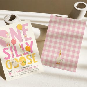 May include: A pink and yellow invitation card with the text "One Silly Goose" and a cartoon goose with a party hat. The invitation is for Harper's 1st birthday party on March 10th at 10:00 am.