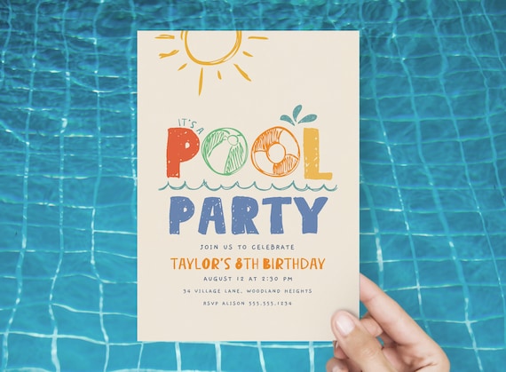 Pool Party Invitation, Hand Drawn Pool Party Invite, Swim Party Invitation Template, Kids Pool Birthday Party Evite Editable B762