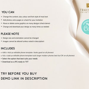 May include: A white background with text that reads "You Can", "Please Note", and "Includes". The text lists the features and specifications of a phone template. The text also reads "Try Before You Buy" and "Demo Link in Description". The image also includes a logo that reads "Tracy Ann Printables" and "Personalize with Coril".