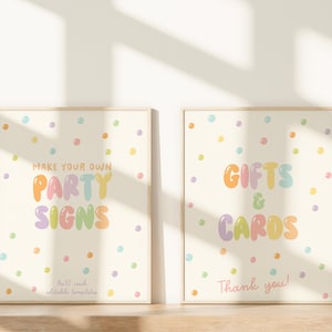 May include: Two printable signs with a pastel rainbow colour scheme and confetti background. The first sign says "Make your own party signs 8x10 inch editable template". The second sign says "Gifts & Cards Thank you!"
