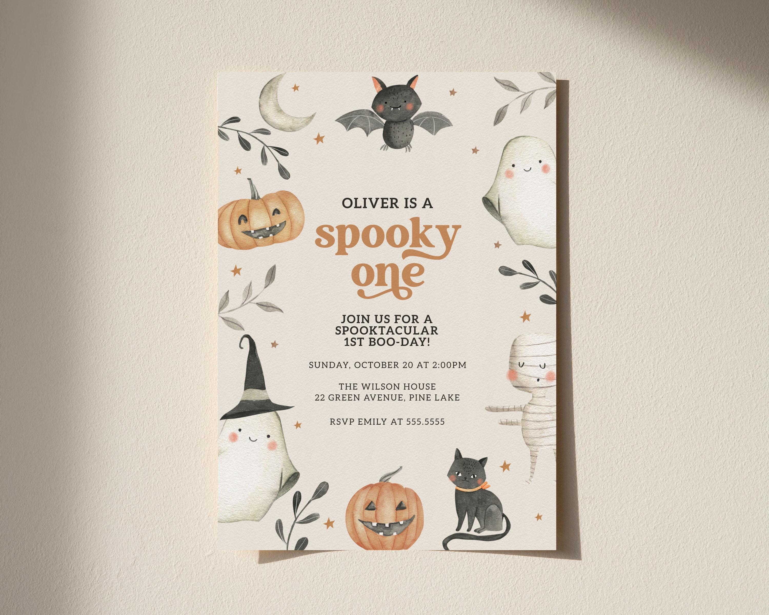 Spooky One Invitation Template, Printable Halloween first Birthday Invite, Editable Spooky Party Invitation for One Year Old Ghost B108