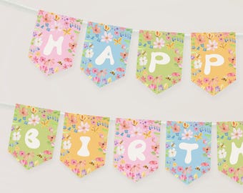 Happy Birthday Banner, Spring Flower Garden Party Birthday Bunting B978