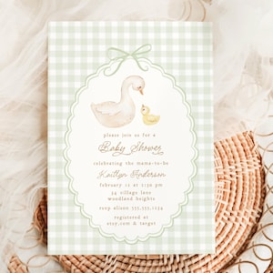 Goose Baby Shower Invitation, Sage Green Gingham Baby Shower Invite Template, Editable Gosling Baby Shower Evite, Gender Neutral Shower B868