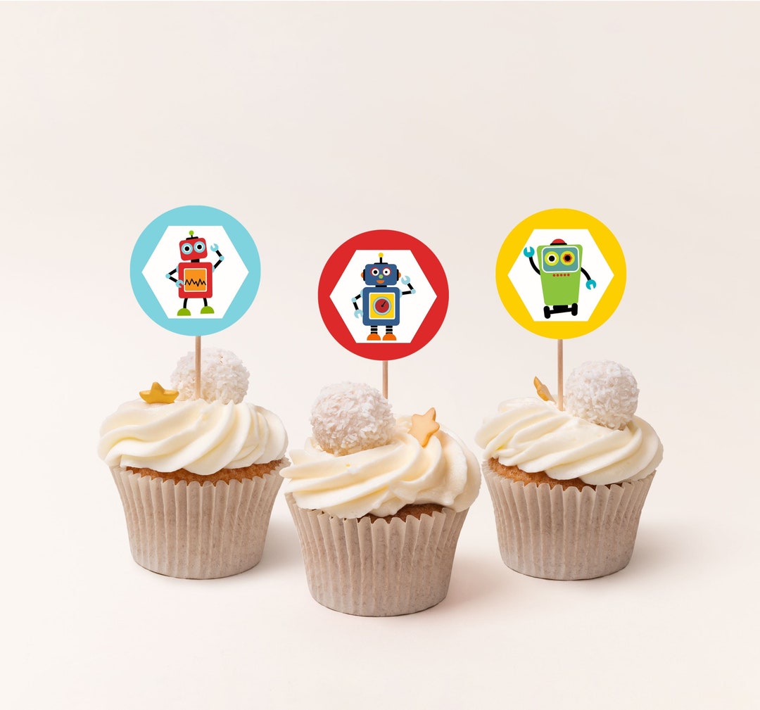 Robot Cupcake Toppers Editable Template Boy Robots Themed Birthday Cake ...