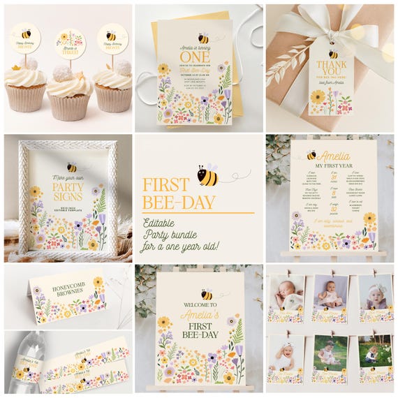 First Bee Day Invitation Set, Bee 1st Birthday Party Decorations Bundle, Printable Wildflower Girl Birthday Decor, Signs, Tags, Bunting B935