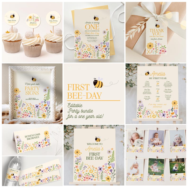 Puede incluir: Decoraciones de fiesta imprimibles y editables para un primer cumplea&ntilde;os con tem&aacute;tica de abejas. El conjunto incluye un cartel de bienvenida, un cartel con el nombre y la edad del ni&ntilde;o, una etiqueta de agradecimiento, adornos para cupcakes, etiquetas para botellas de agua y accesorios para cabina de fotos. El dise&ntilde;o presenta una abeja linda, flores y una combinaci&oacute;n de colores amarillo y blanco.