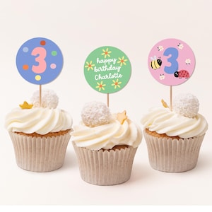 Può includere: Tre cupcake decorati con colorati topper per torte di compleanno. Un topper dice "buon compleanno Charlotte" con fiori e un'ape. Un altro topper è blu con pois bianchi e il numero 3. Il terzo topper è rosa con pois bianchi, un'ape, una coccinella e il numero 3.