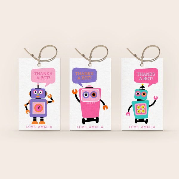 Robot Thank You Tags, Editable Pink Robots Party Tags, Girl Robot Birthday Favor Tag Template, Printable Robot Tags 1121