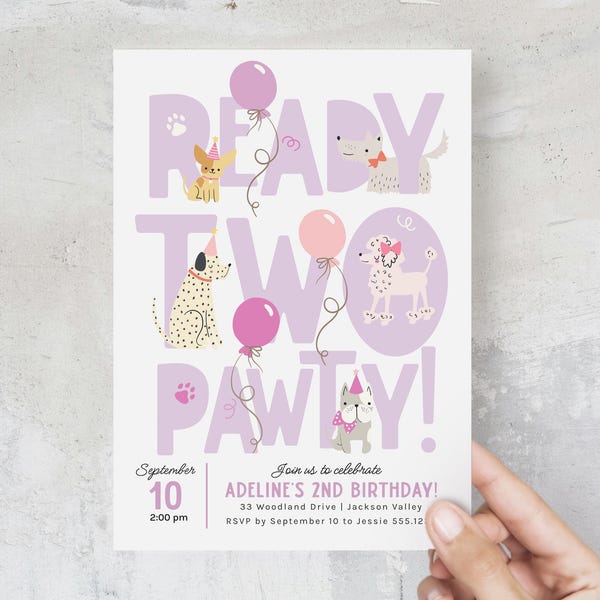 Ready Two Party Puppy Dog Invitation, Girl 2nd Birthday Party Invite, Ready Two Pawty Birthday Invitation, Cute Puppy Party Evite B936