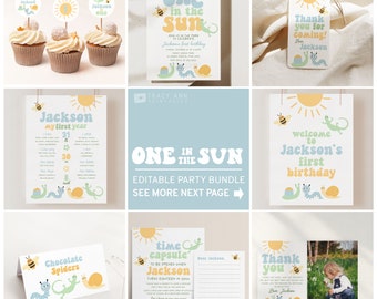 One in the Sun First Birthday Invitation Set, Summer Boy 1st Birthday Party Bundle B384