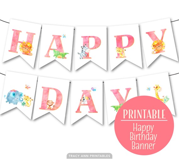 Jungle Animal Happy Birthday Bunting Pastel Party Decoration Flag