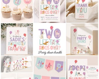 Paquete de dos invitaciones "Deja salir a los perros", invitación imprimible para el segundo cumpleaños de un cachorro, set de decoraciones editables para el segundo cumpleaños de una niña B969