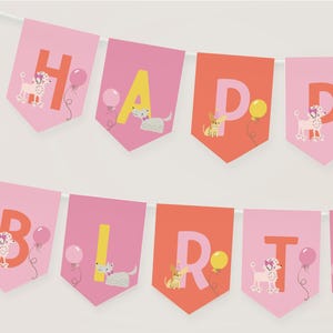 Faixa de aniversário de filhotes, faixa de feliz aniversário de cachorro editável, decoração de 2º aniversário de menina para impressão, modelo de faixa de cachorrinho B924