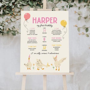May include: A personalized birthday poster for a child named Harper. The poster features a pink and yellow balloon, a list of facts, and illustrations of geese wearing party hats. Harper is 31 inches tall and weighs 32 pounds.