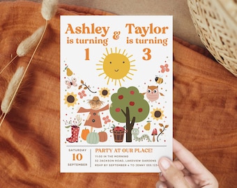 Fall Joint Birthday Invitation, Printable Autumn Sibling Birthday Party Invite Template B629
