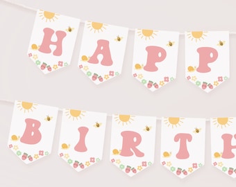 Banner de cumpleaños de Groovy Garden, plantilla de banner de feliz cumpleaños de verano, empavesado de 1er cumpleaños de niña imprimible, decoración de fiesta de insectos lindos B138