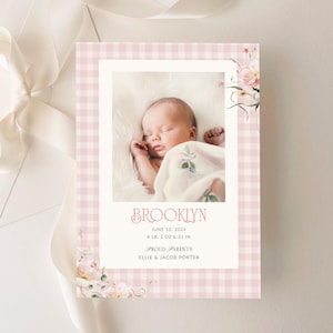 Faire-part bébé fille, faire-part photo fille, modèle modifiable de carte Photo Vichy rose, nouvelle arrivée bébé carte B700