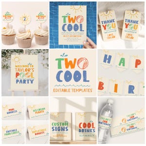 May include: A collection of party supplies with a pool party theme. Includes cupcake toppers, invitations, thank you tags, a welcome sign, banner, food labels, and water bottle labels. The designs feature the text "Two Cool" and "Happy Birthday".